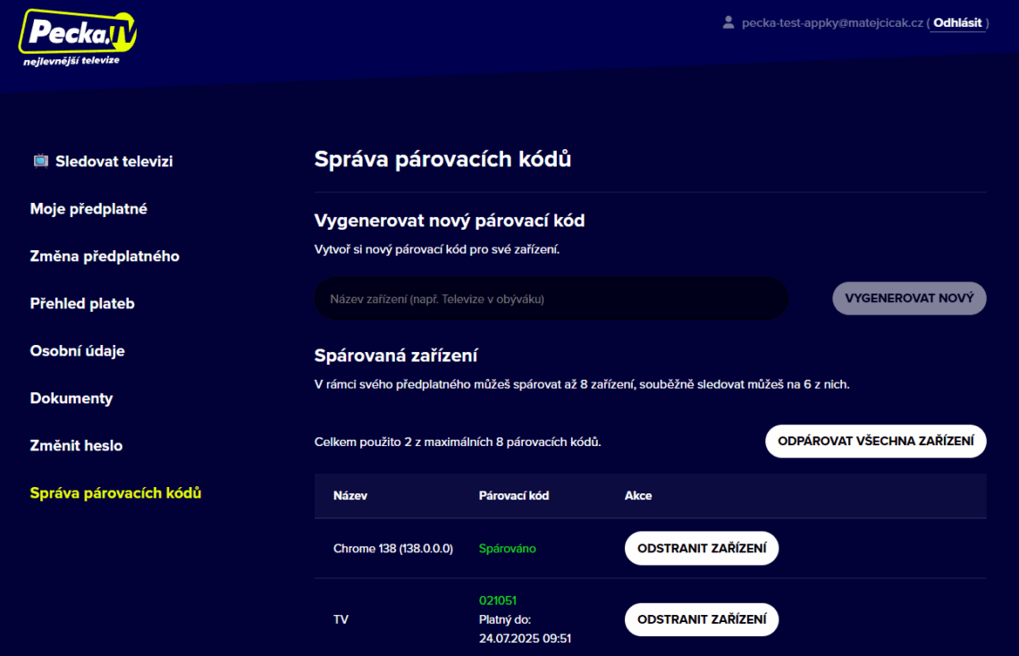 Správa párovacích kódů